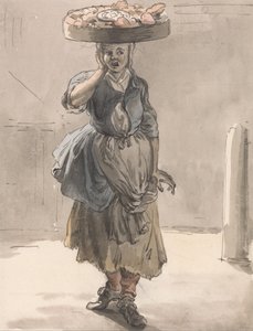 Londres chora - uma menina com uma cesta na cabeça (luzes para os gatos, fígado para os cães) de Paul Sandby